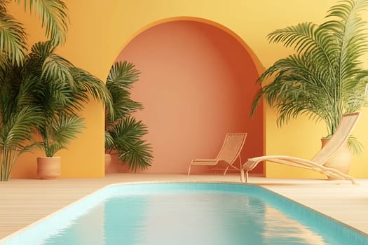 A serene poolside area features a clear blue pool, sun loungers, and vibrant yellow walls adorned with lush green plants.