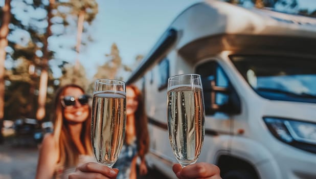 Two friends raise champagne glasses in front of a recreational vehicle in a forest setting during a sunny day, enjoying their time together.