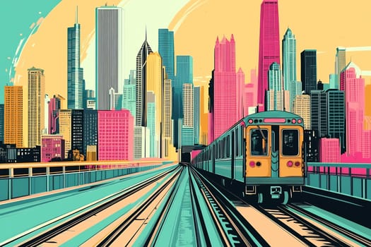 A colorful train moves along tracks in a vibrant city, surrounded by towering skyscrapers under a bright blue sky.