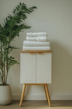 A modern cabinet holds neatly folded white towels, alongside a lush green plant, creating a serene, organized atmosphere at home.