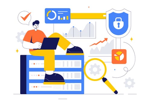 Cyber Threat Analysis Vector Illustration featuring Vulnerability Management and Information Control for Protection and Safety Technology