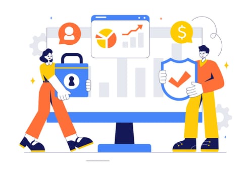 Cyber Threat Analysis Vector Illustration featuring Vulnerability Management and Information Control for Protection and Safety Technology