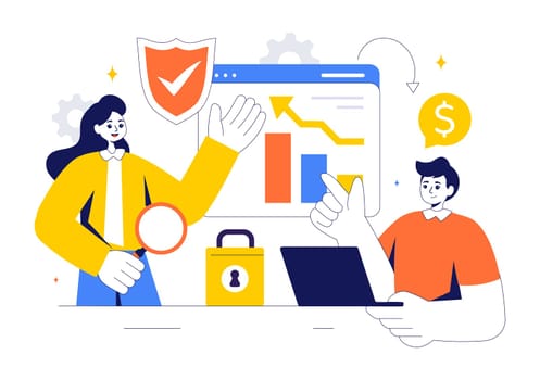 Cyber Threat Analysis Vector Illustration featuring Vulnerability Management and Information Control for Protection and Safety Technology