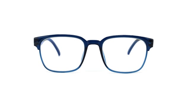 Stylish blue and black eyeglasses with frameless clear lenses isolated on white background, ideal for fashion and eyewear collections