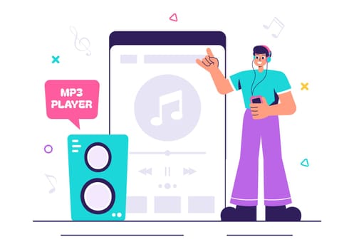 MP3 Player Vector Illustration featuring Musical Notations, Headphones, Headset, and Mobile App Devices for Music Listening on a Flat Background