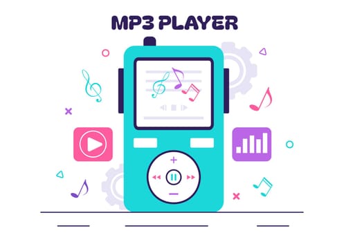 MP3 Player Vector Illustration featuring Musical Notations, Headphones, Headset, and Mobile App Devices for Music Listening on a Flat Background