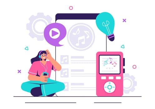 MP3 Player Vector Illustration featuring Musical Notations, Headphones, Headset, and Mobile App Devices for Music Listening on a Flat Background