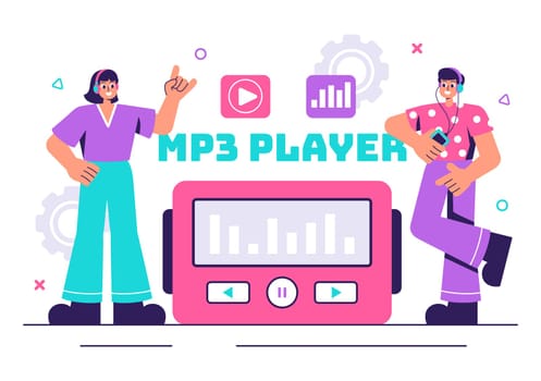 MP3 Player Vector Illustration featuring Musical Notations, Headphones, Headset, and Mobile App Devices for Music Listening on a Flat Background