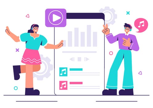 MP3 Player Vector Illustration featuring Musical Notations, Headphones, Headset, and Mobile App Devices for Music Listening on a Flat Background