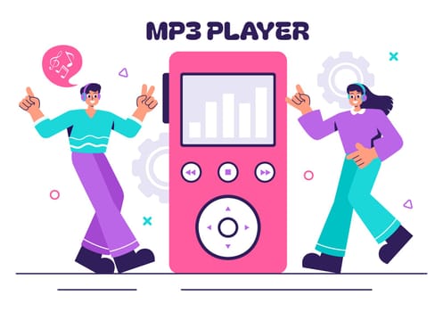 MP3 Player Vector Illustration featuring Musical Notations, Headphones, Headset, and Mobile App Devices for Music Listening on a Flat Background