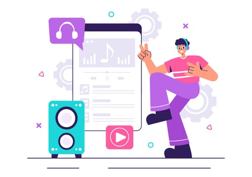 MP3 Player Vector Illustration featuring Musical Notations, Headphones, Headset, and Mobile App Devices for Music Listening on a Flat Background