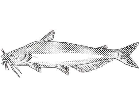 Cartoon style drawing of a blue catfish or Ictalurus furcatus freshwater fish found in North America with halftone dots on isolated background in black and white.