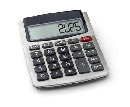 Calculator with the word 2025 on the display