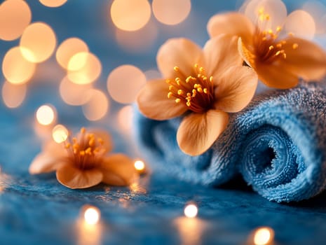 Soft orange flowers on a rolled blue towel with blurred warm lights creating a relaxing spa-like atmosphere.