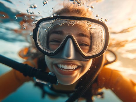 A smiling scuba diver underwater, wearing gear, surrounded by bubbles and illuminated by sunlight filtering through the water.