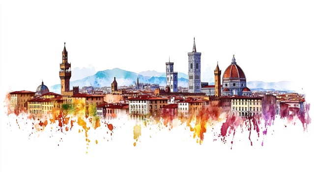 Bright watercolor representation of Florence's skyline showcasing iconic buildings against a vibrant sunset backdrop.