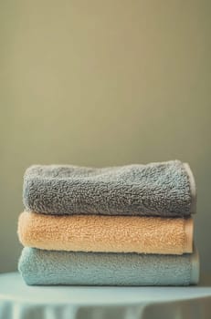 A stack of soft towels in neutral colors rests on a round table, creating a serene and organized ambiance in a calm environment.