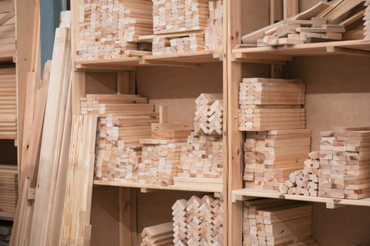 Furniture factory workshop with different wood items.