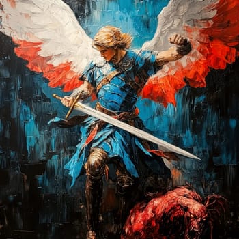 Archangel Michael in blue and red colors, with a sword drawn over a demon lying on a black background. AI generative.