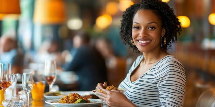Pregnant woman eating a meal. AI generative.