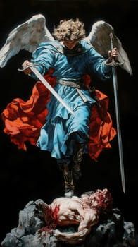 Archangel Michael in blue and red colors, with a sword drawn over a demon lying on a black background. AI generative.