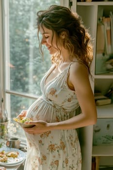 Pregnant woman eating a meal. AI generative.