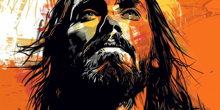 A poster with an image of Jesus, printed in a simplified vector art style, AI generative.