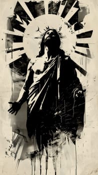 A poster with an image of Jesus, printed in a simplified vector art style, AI generative.