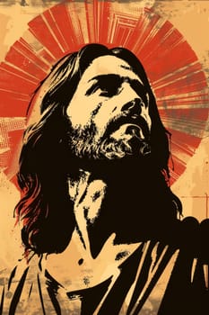 A poster with an image of Jesus, printed in a simplified vector art style, AI generative.