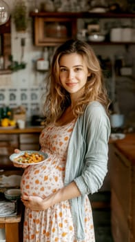 Pregnant woman eating a meal. AI generative.
