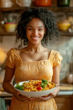 Pregnant woman eating a meal. AI generative.
