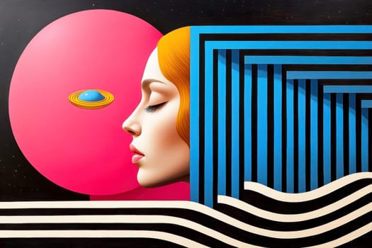 Woman with light hair dressed in 70s style , UFO visible in the background. AI generative.