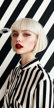 Woman with light hair dressed in 70s style , UFO visible in the background. AI generative.