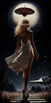 Woman with light hair dressed in 70s style , UFO visible in the background. AI generative.