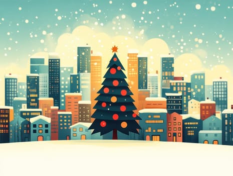 city on New Year's Eve, Christmas tree in the middle AI generative.