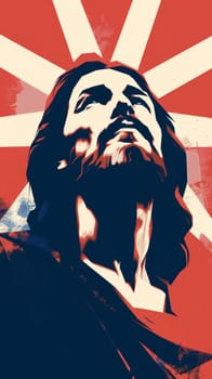 A poster with an image of Jesus, printed in a simplified vector art style, AI generative.