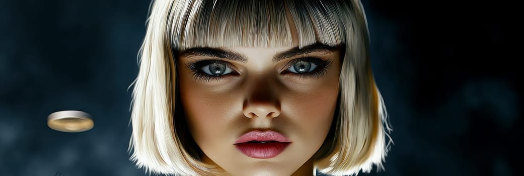 Woman with light hair dressed in 70s style , UFO visible in the background. AI generative.