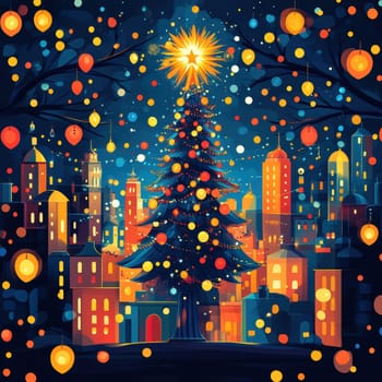 city on New Year's Eve, Christmas tree in the middle AI generative.