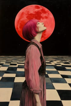 Woman with light hair dressed in 70s style , UFO visible in the background. AI generative.