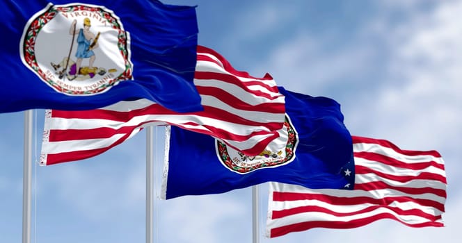 Virginia state flag waving in the wind on a clear day. State seal in the middle of a dark blue background. 3d illustration render. Rippling fabric
