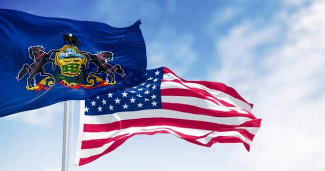 Pennsylvania state flag waving with the american flag. Blue field with state coat of arms: shield between horses, eagle on top. 3d illustration render. Fluttering textile