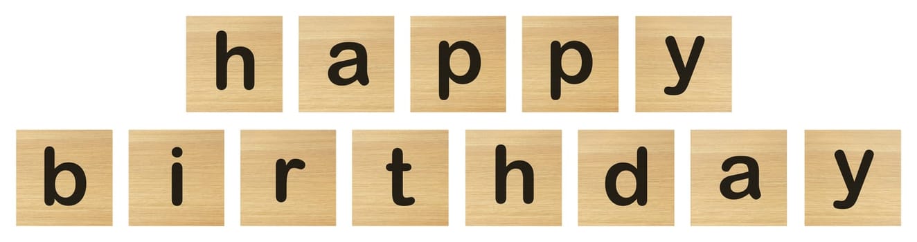 happy birthday words with wood blocks on white