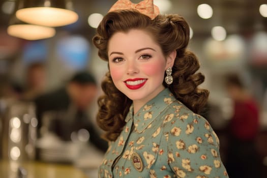 A beautiful woman sits at the counter of an American restaurant. Stylized from1940s - 1950s. AI generative.