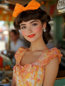 A beautiful woman sits at the counter of an American restaurant. Stylized from1940s - 1950s. AI generative.
