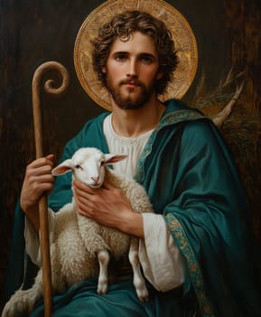 Saint John the Baptist, holding a shepherd's staff and holding a white lamb on one shoulder. AI generative.