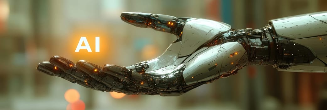 robot hand gently holding an 'AI' logo in its palm. AI generative.