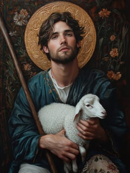 Saint John the Baptist, holding a shepherd's staff and holding a white lamb on one shoulder. AI generative.