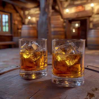 Two elegant, crystal-clear glasses of whiskey with ice cubes. AI generative.