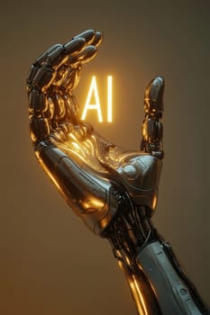robot hand gently holding an 'AI' logo in its palm. AI generative.