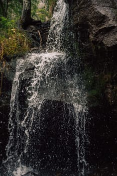 Close-up of a small waterfall flowing over a rocky cliff surrounded by lush greenery, serene natural landscape.